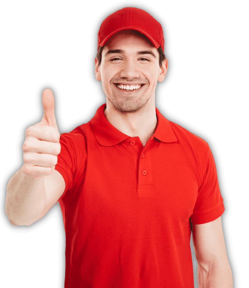 Operaio vestito di rosso che fa il pollice in su
